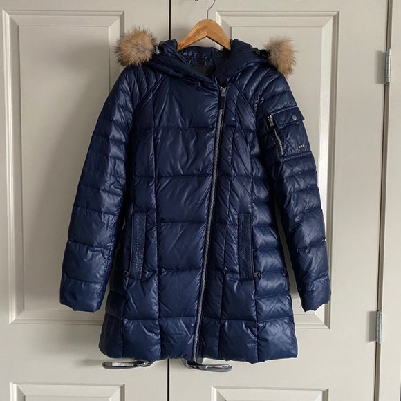NEW Andrew Marc Down Filled Puffer Jacket with Coyote fur, Navy Blue - Picture 1 of 5